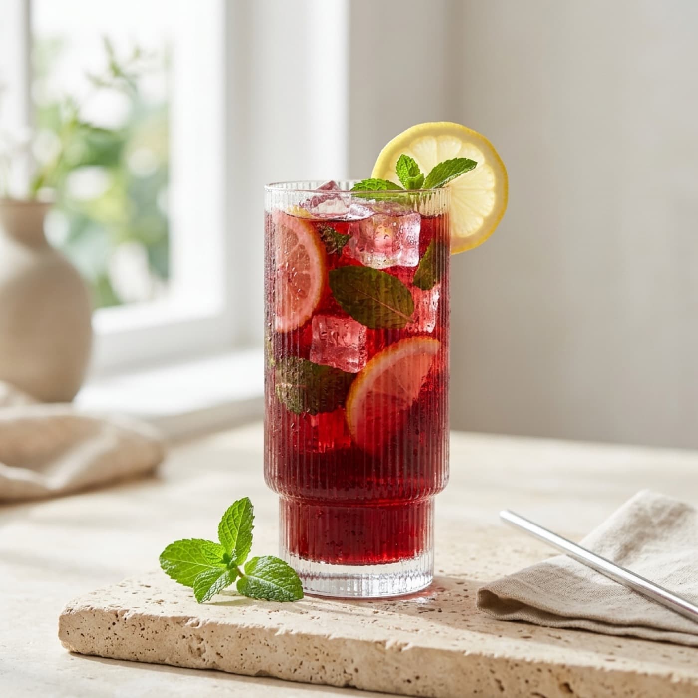 Iced hibiscus tea with mint garnish in a tall glass