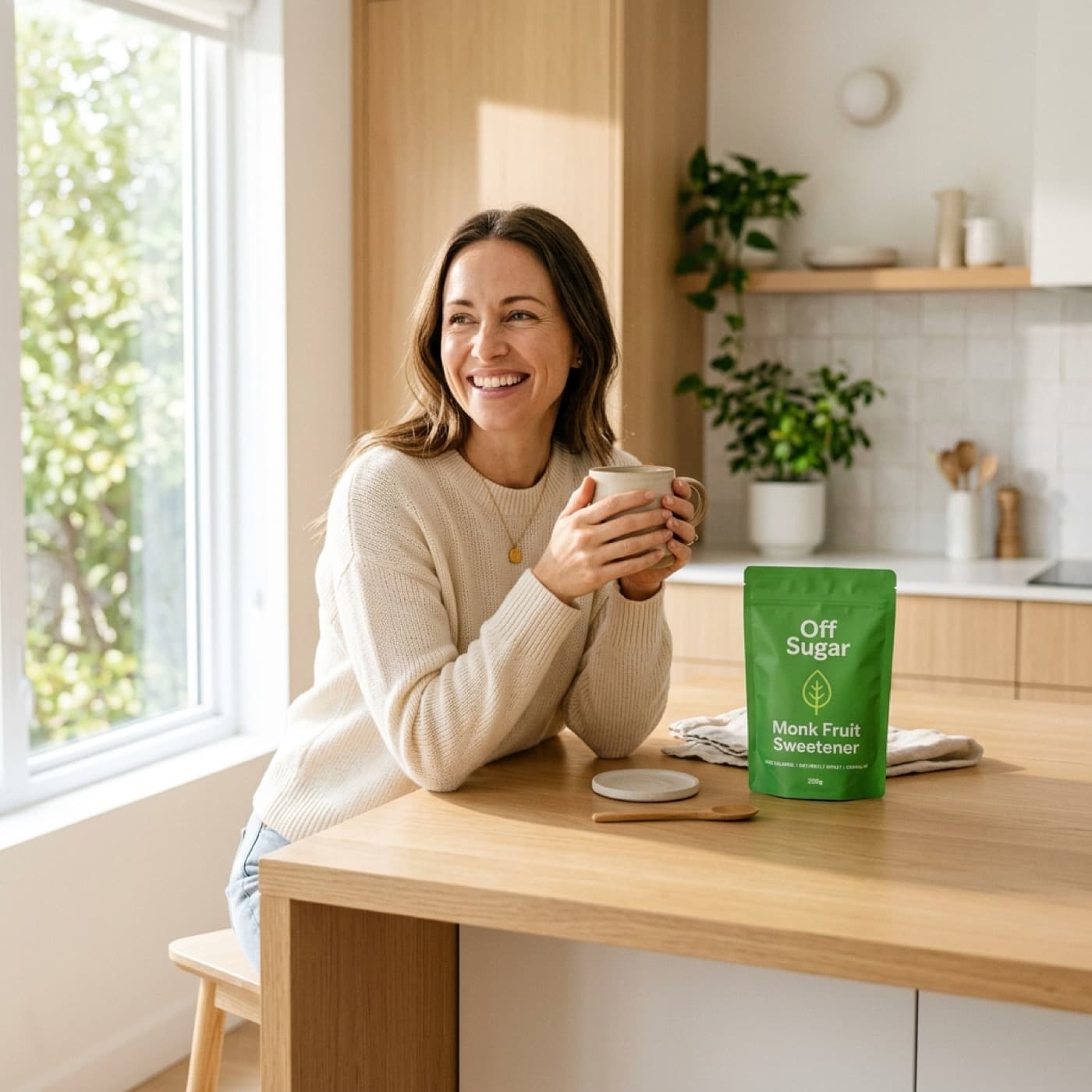 Healthy lifestyle choices enjoying coffee next to Off Sugar