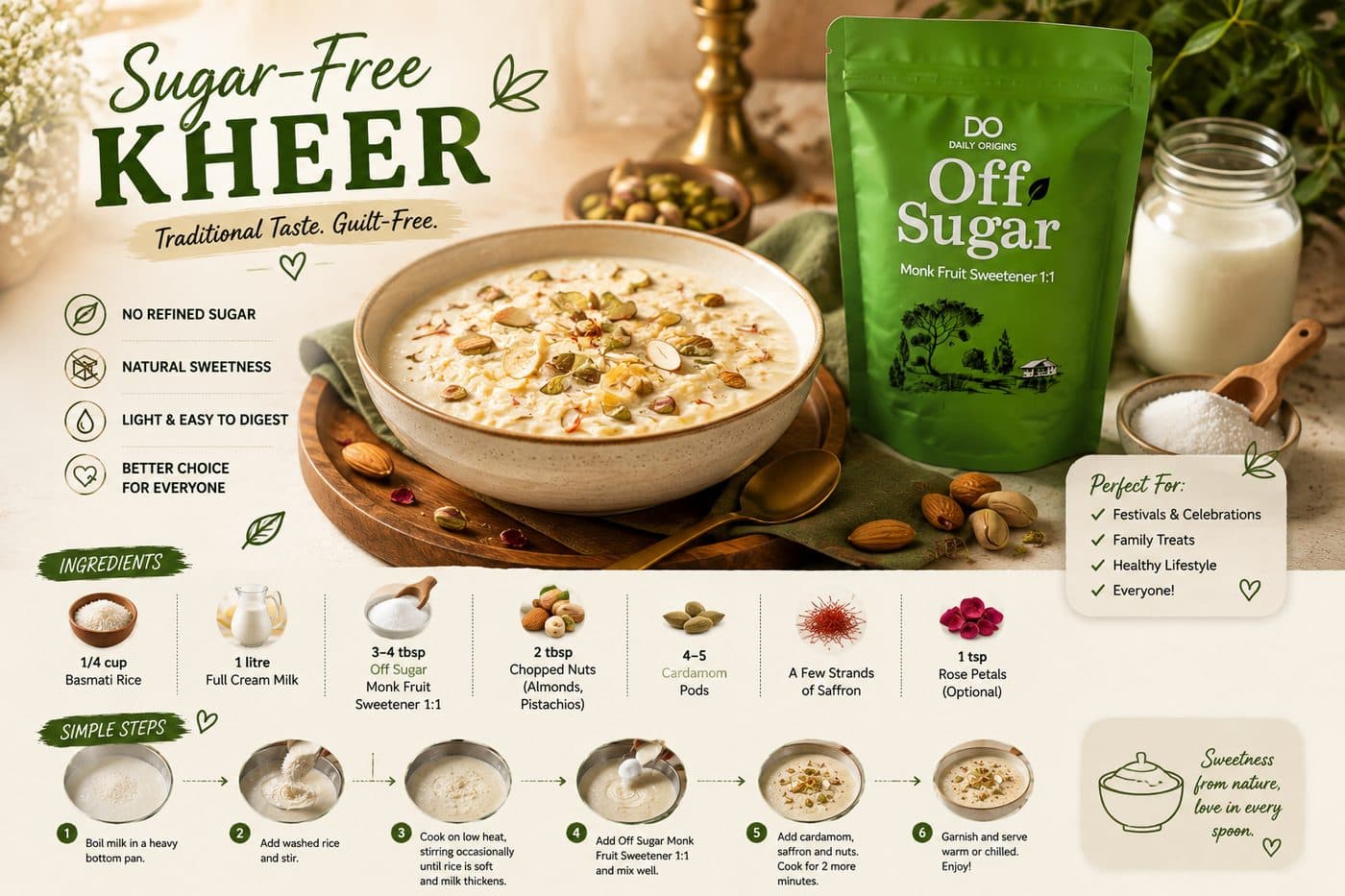 Sugar-Free Kheer recipe card — a bowl of creamy kheer with saffron and pistachios beside Daily Origins Off Sugar monk fruit sweetener, with ingredients and steps