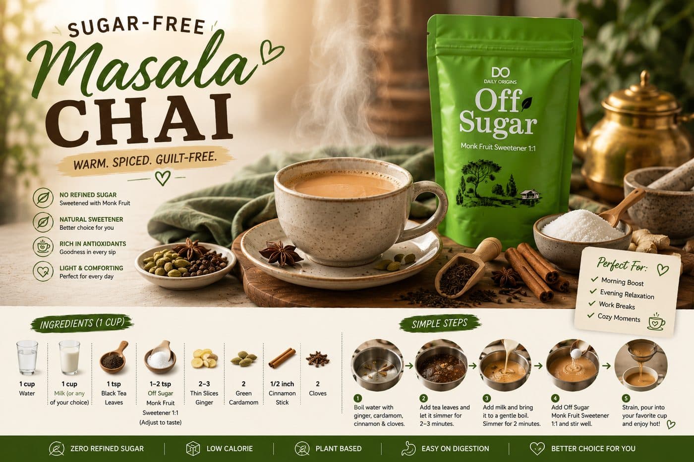 Sugar-Free Masala Chai recipe card — a cup of spiced chai with whole spices beside Daily Origins Off Sugar monk fruit sweetener, with ingredients and steps