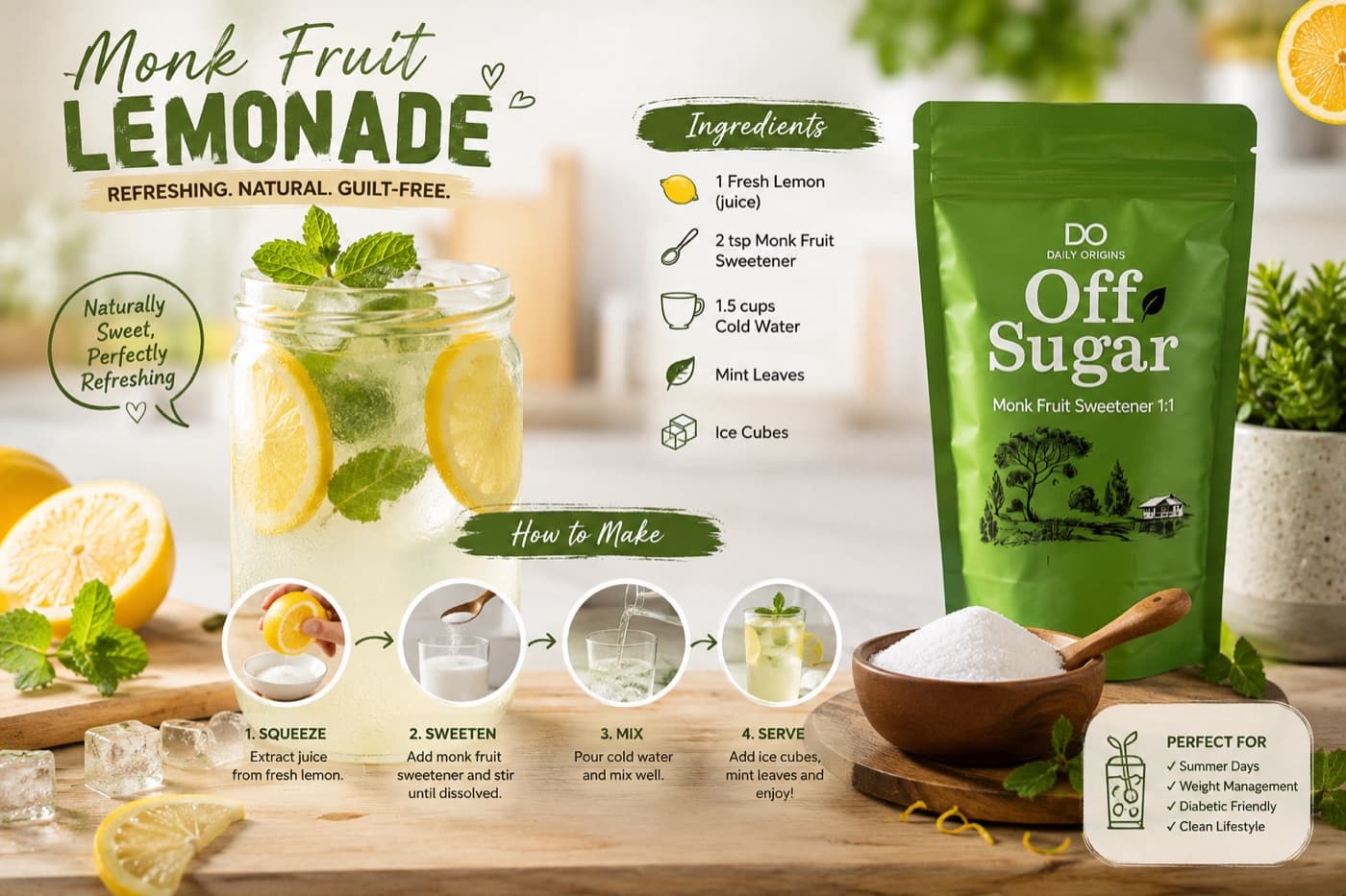 Monk Fruit Lemonade recipe card — a jar of iced lemonade with mint beside Daily Origins Off Sugar monk fruit sweetener, with ingredients and steps