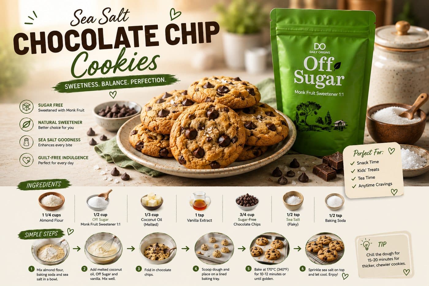 Sea Salt Chocolate Chip Cookies recipe card — cookies on a plate beside Daily Origins Off Sugar monk fruit sweetener, with ingredients and steps
