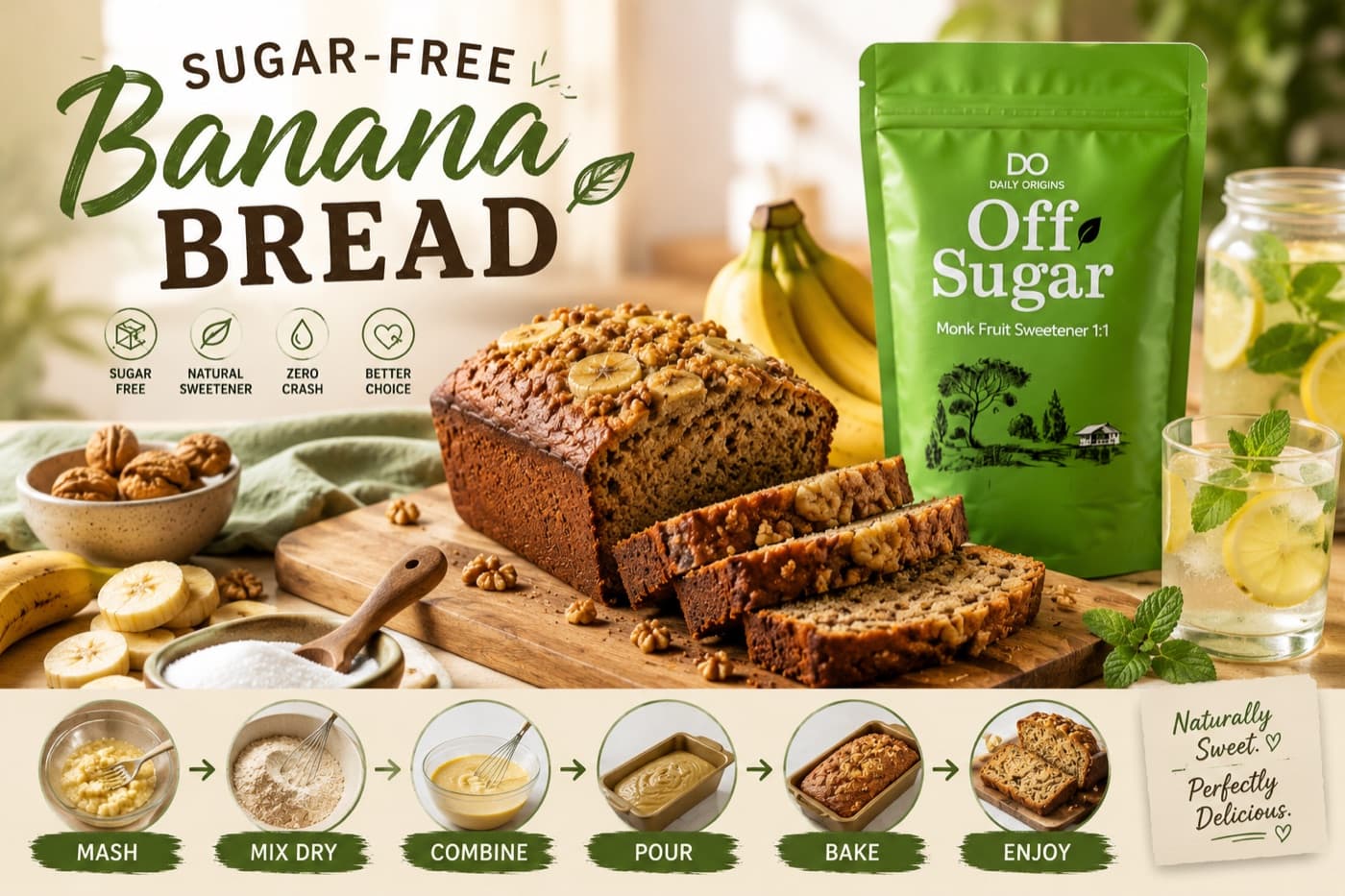 Sugar-Free Banana Bread recipe card — sliced banana bread beside Daily Origins Off Sugar monk fruit sweetener, with ingredients and steps