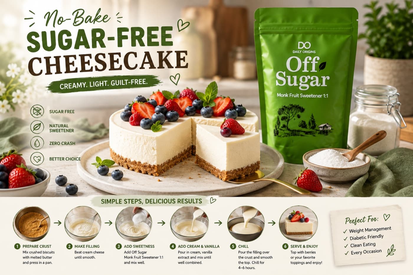 No-Bake Sugar-Free Cheesecake recipe card — a slice of cheesecake beside Daily Origins Off Sugar monk fruit sweetener, with ingredients and steps