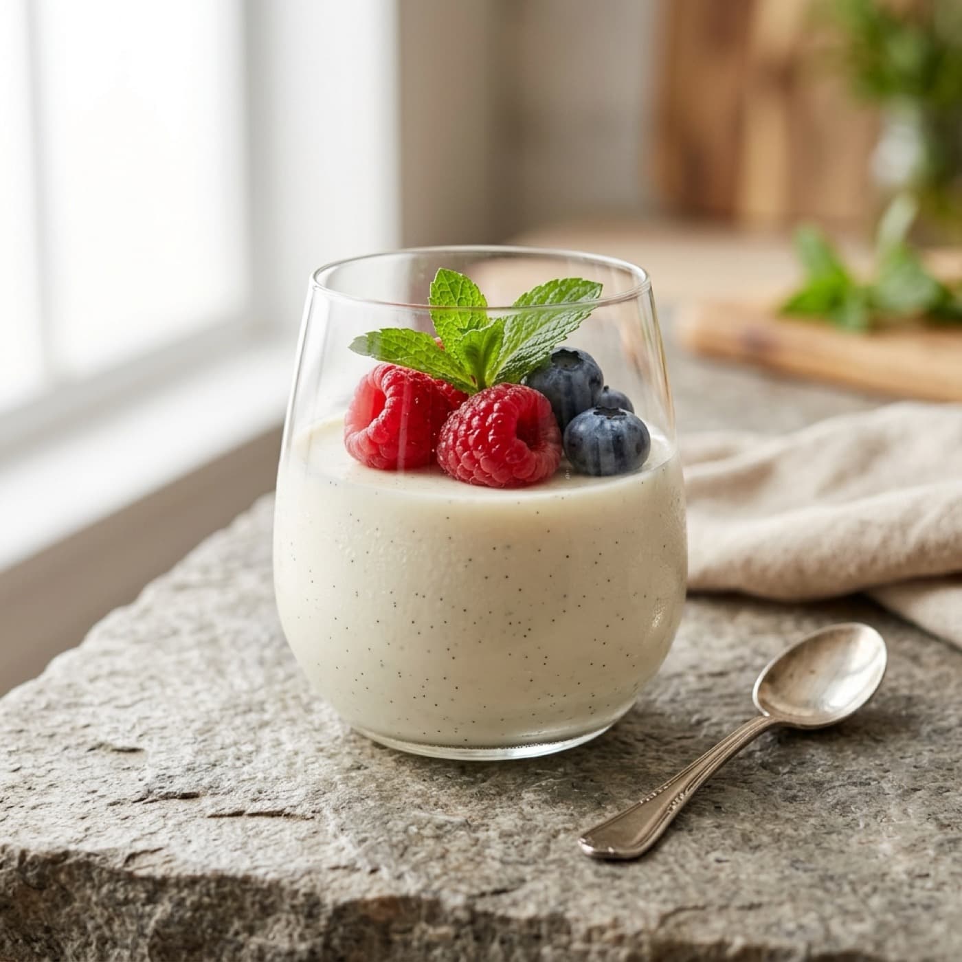 Vanilla panna cotta in a glass ramekin with fresh berries